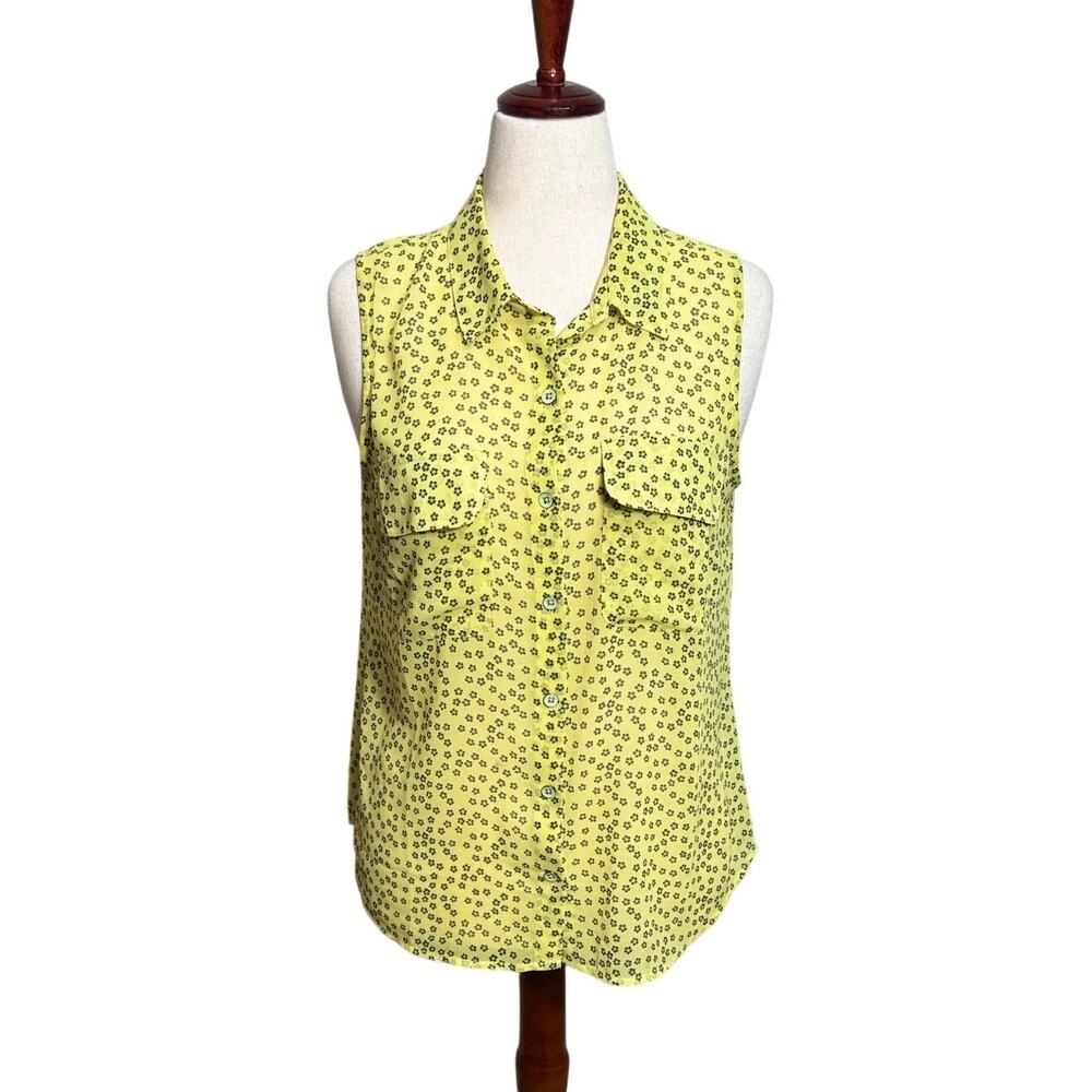 CAbi Viola sleeveless top button up collar yellow black floral daisy print Sz M